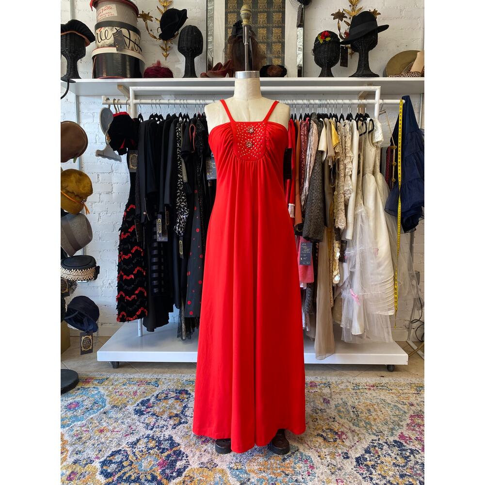 vintage 1970s red maxi dress with rhinestones and chiffon cape, s/m, mod holiday